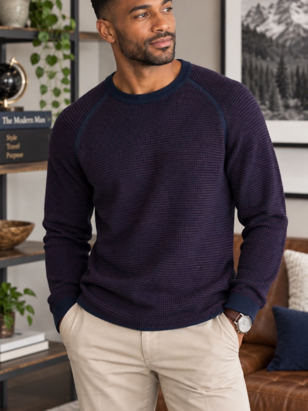 Vince Men’s Navy Burgundy Waffle Knit 100% Cashmere Sweater Size M